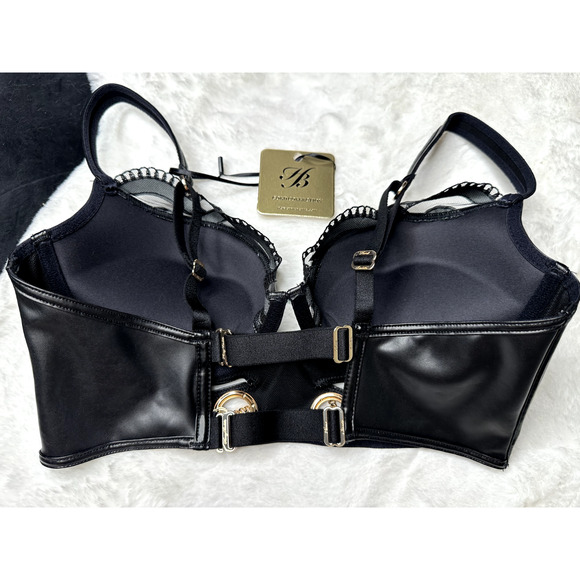 Honey Birdette CLAIRE🖤 Black & Gold Faux Leather Push Up Bra 32D - Picture 3 of 5